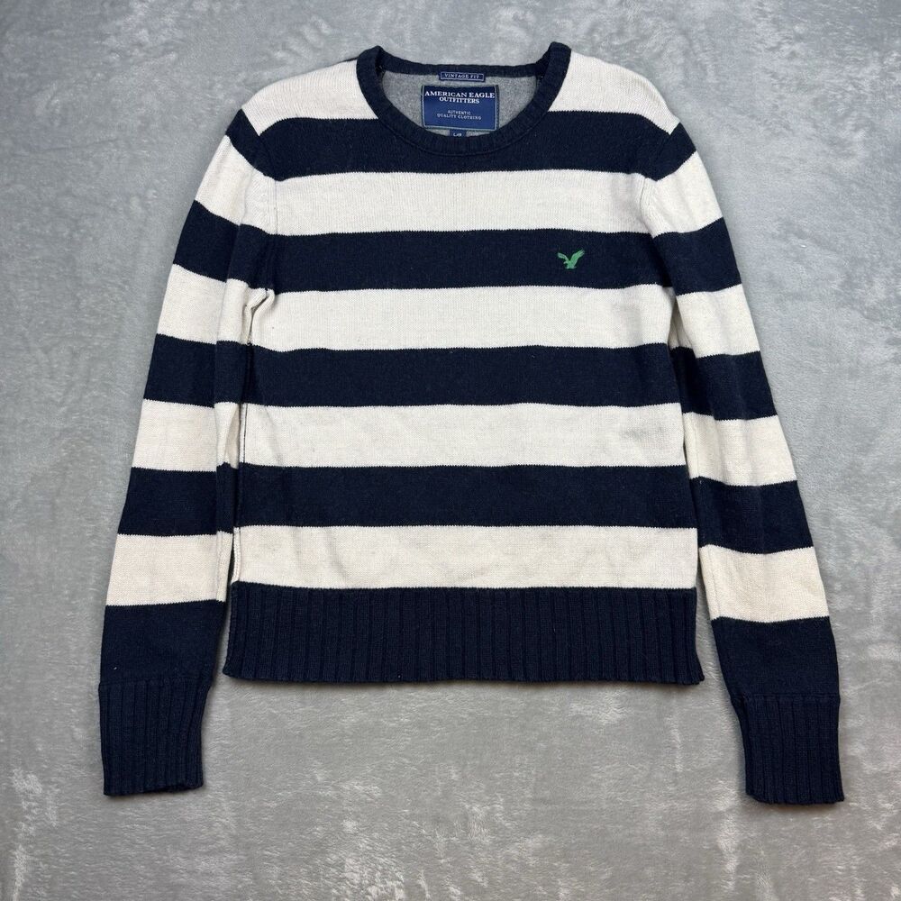 American Eagle Outfitters Vintage Fit Sweater Mens L Navy White Striped Wool